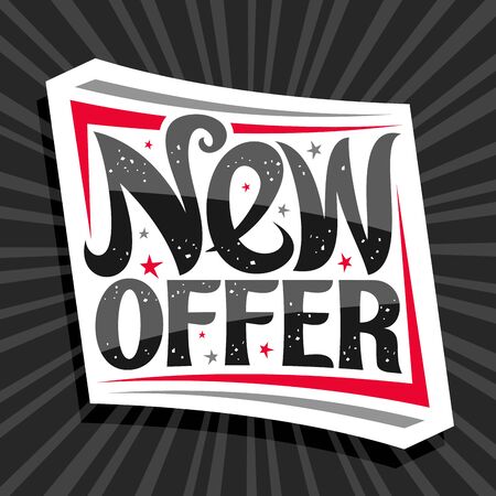 banner for New Offer, white decorative price tag for black friday or cyber monday sale with unique handwritten lettering for words new offer on grey abstract background.のイラスト素材