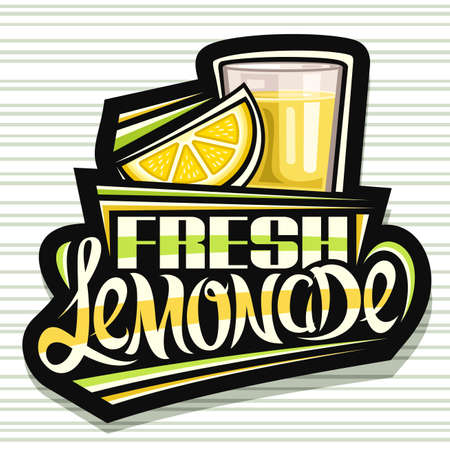 Vector logo for Fresh Lemonade, dark decorative signage with illustration of lemon slice and lemonade in glass, fruit concept with unique lettering for words fresh lemonade on gray striped background.のイラスト素材