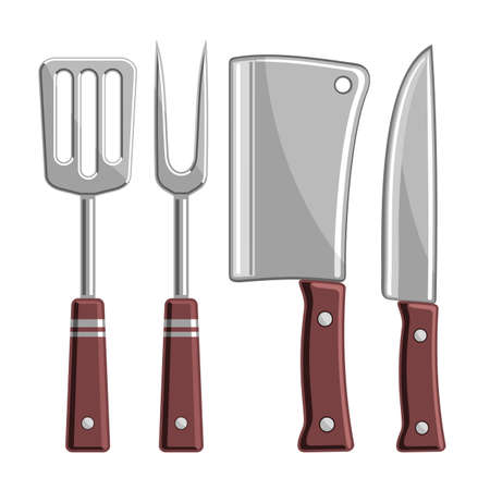 Vector Set of BBQ Tools, collection of 4 cut out illustrations - barbeque spatula, sharp fork, chef cleaver and stainless knife on white background.のイラスト素材