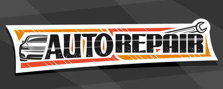 Vector banner for Auto Repair, decorative cut paper sign board with simple outline vehicle and metal wrench, badge with unique lettering for words auto repair on gray abstract background.のイラスト素材