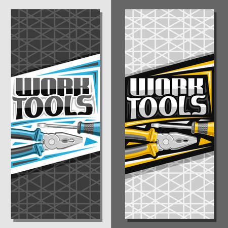 layouts for Work Tools with copy space, decorative brochure with illustration of different steel work tools for labor day, vertical signboard with unique brush letters for words work tools.のイラスト素材