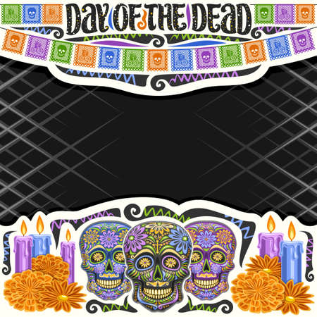 Vector frame for Day of the Dead with copyspace, decorative cut paper square layout with illustration of black scary skull, burning candles, colorful flags and unique letters for words day of the deadのイラスト素材