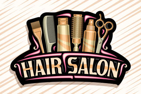 Hair Salon, dark decorative sign board with professional beauty accessories, unique letters for brown words hair salon, elegant signage for beauty parlor with red curly flourishes.のイラスト素材