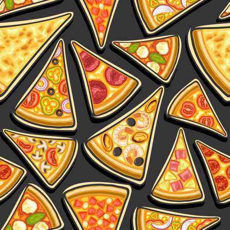 Vector Pizza Seamless Pattern, square repeating pizza background, group of cut out illustrations of flat lay triangle pizza slices of assorted types on dark background, pattern for pizzeria tableclothのイラスト素材