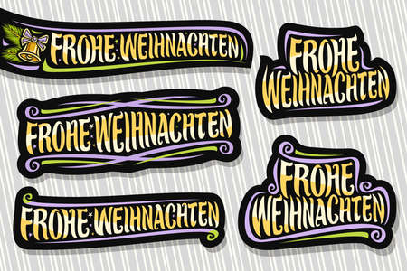 Vector set for Merry Christmas in German language, 5 dark   with german text - frohe weihnachten (merry christmas), decorative flourishes, golden bell and coniferous branches on gray background.のイラスト素材