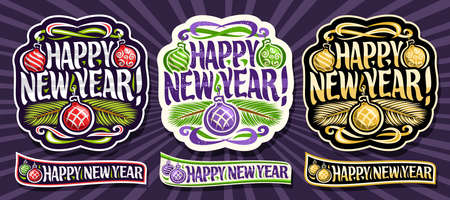Vector set for New Year, 3 cut out labels and ribbons with illustration of colorful hanging baubles, brush handwritten text - happy new year! decorative flourishes and evergreen coniferous branches.のイラスト素材