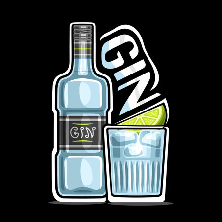 Gin, outline illustration of blue bottle with decorative label and full glass of chilled dry gin tonic with lemon slice, placard with unique lettering for word gin on dark background.のイラスト素材