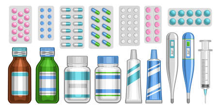Vector Medical Set, lot collection of cut out illustrations of blue and pink pills in variety package. Group of brown and green glass and plastic pill bottles, medical electronic thermometers on white.のイラスト素材