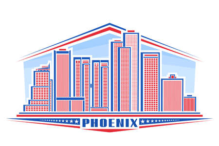 Vector illustration of Phoenix City, horizontal poster with line art design phoenix city scape on day background, urban panoramic concept with unique font for word phoenix and decorative stars in row.のイラスト素材