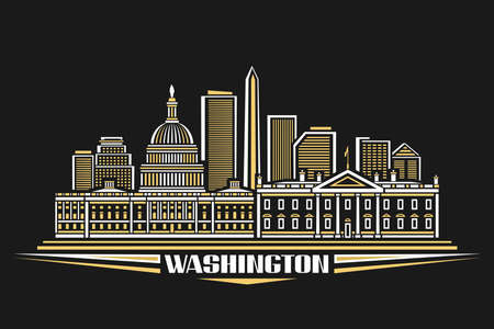Vector illustration of Washington, horizontal poster with outline design illuminated washington city scape, urban line art concept with decorative font for word washington on dark evening background.のイラスト素材