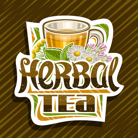 Vector logo for Herbal Tea, decorative cut paper tag with illustration of transparent tea cup with hot yellow aromatic beverage for alternative medicine and unique brush lettering for words herbal teaのイラスト素材