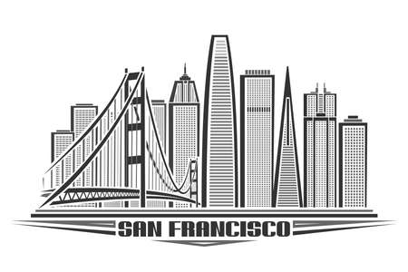Vector illustration of San Francisco, monochrome horizontal poster with line art design american city scape, urban concept with unique decorative font for black words san francisco on white backgroundのイラスト素材