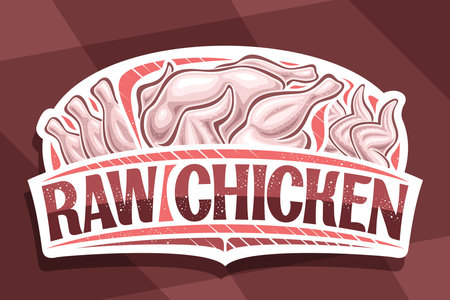 Raw Chicken, decorative cut paper sign board with illustration of whole and chicken pieces, art design banner with unique brush lettering for words raw chicken on pale red background.のイラスト素材