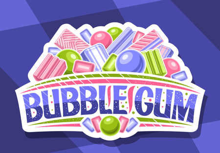 Bubble Gum, decorative cut paper sign board with illustration of various colorful bubblegum's and candy, white badge with unique brush lettering for words bubble gum on blue background.のイラスト素材