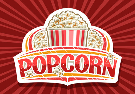 Popcorn, white decorative sign board with illustration of homemade salted pop corn, poster with unique brush lettering for word popcorn for fast food cafe on rays of light background.のイラスト素材