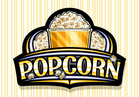 Vector logo for Popcorn, black decorative sign board with illustration of homemade salted pop corn in bucket, poster with unique lettering for word popcorn for fast food cafe on striped background.のイラスト素材