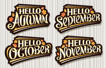 Vector set for Autumn Season, black with curly calligraphic font, falling autumn leaves and decorative stripes, collection of isolated badges with swirly lettering on gray striped background.のイラスト素材