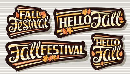 Vector set for Fall Season, dark with curly calligraphic font, falling autumn leaves and decorative stripes, collection of 4 isolated badges with swirly lettering on gray striped background.のイラスト素材