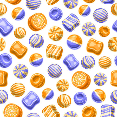 Vector Candy Seamless Pattern, square repeating caramel candies background for child textile, poster with cut out illustrations of variety yummy hard candies and striped gummies on white background.のイラスト素材