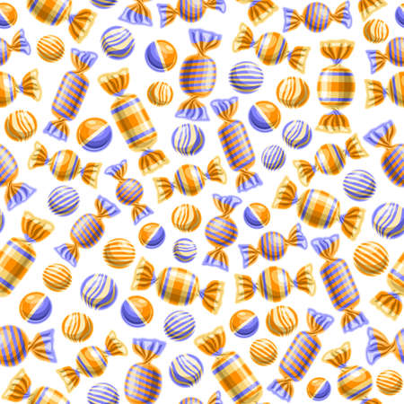 Vector Candy Seamless Pattern, square repeating wrapped candies background for cute child textile, poster with cut out illustrations of variety wrapped in foil, yummy hard candies on white background.のイラスト素材