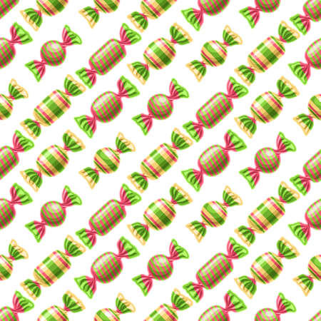 Vector Candy Seamless Pattern, square repeating wrapped candies background for child textile, poster with cut out illustrations of wrapped red and green fruit candies in a rows on white background.のイラスト素材