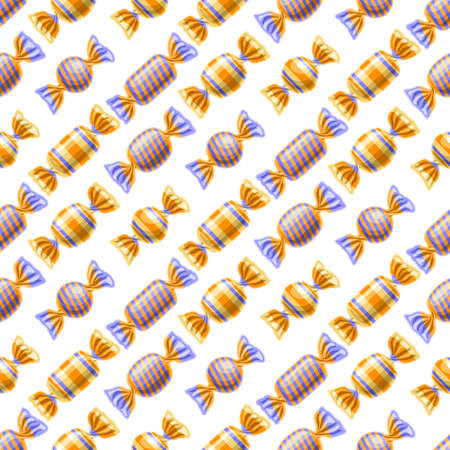 Vector Candy Seamless Pattern, square repeating wrapped candies background for child textile, poster with cut out illustrations of wrapped blue and yellow cute candies in a rows on white background.のイラスト素材