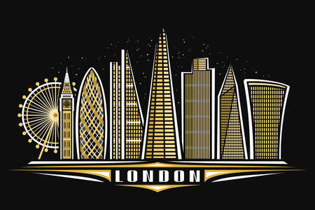 Vector illustration of London, black horizontal poster with linear design illuminated london city scape, european urban line art concept with decorative lettering for word london on dark background.のイラスト素材