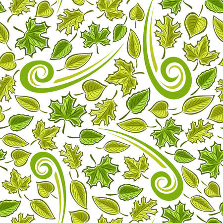 Vector Leaves Seamless Pattern, square repeating background for seasonal interior or wrapping paper, square poster with cut out illustrations of green various falling leaves on white background.のイラスト素材