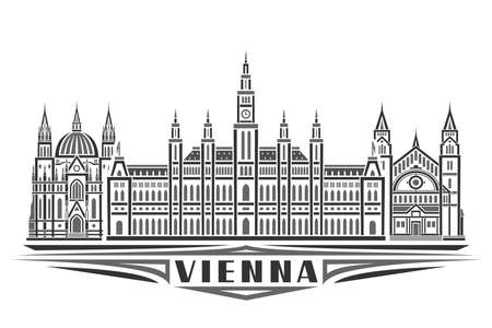 Vector illustration of Vienna, monochrome horizontal poster with linear design famous vienna city scape, urban line art concept with unique decorative letters for black word vienna on white backgroundのイラスト素材