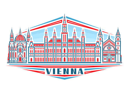 Vector illustration of Vienna, horizontal poster with linear design historic vienna city scape on day sky background, urban line art concept with decorative lettering for blue word vienna on white.のイラスト素材