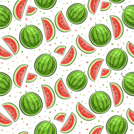 Vector Watermelon Seamless Pattern, square repeating background of whole and sliced cartoon watermelons with seeds, decorative poster with cut out illustrations of variety fruits on white background.のイラスト素材