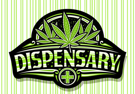 Vector signage for Cannabis Dispensary, dark sign board with illustration of cannabis leaves, decorative flourishes, poster with unique brush lettering for word dispensary on green striped background.のイラスト素材