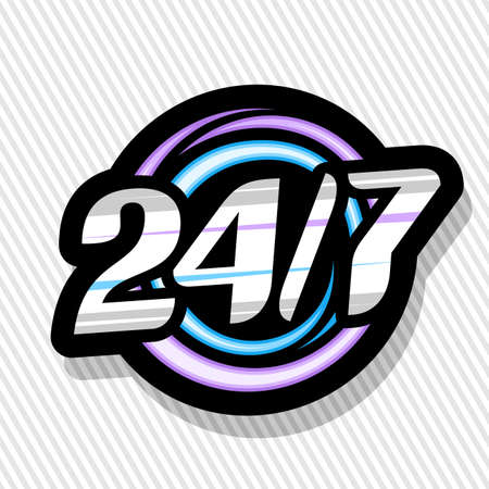 Vector 24/7, black isolated signage with illustration colorful circles and unique decorative font for number 24/7, marketing design concept with shadow on gray background.のイラスト素材