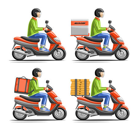 Vector set of Delivery Scooters with courier, collection of 4 cut out illustrations red motor scooter with variety couriers on white background.のイラスト素材