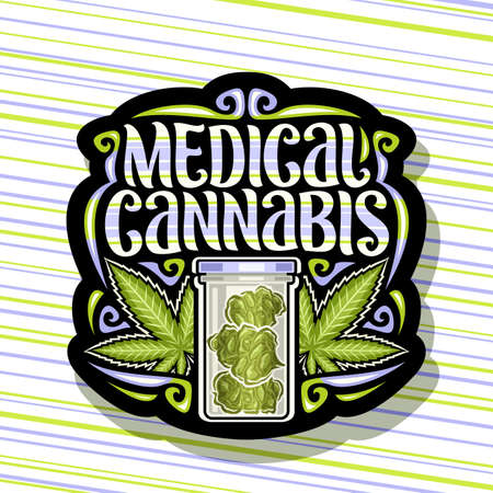 Vector logo for Medical Cannabis, dark vintage signage with illustration of marijuana leaves, glass cannabis test tube, signboard for dispensary with unique brush lettering for words medical cannabisのイラスト素材