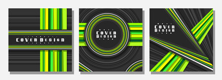 Vector set of Square Covers, 3 colorful layouts with decorative circles and triangles with copy space for ad text, abstract cover templates for advertising, square placard with dark striped backgroundのイラスト素材