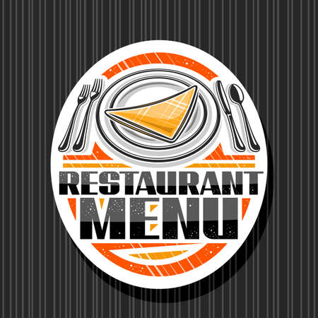 Vector logo for Restaurant Menu, white oval sticker with illustration of dish with napkin and silverware set top view, unique brush lettering for words restaurant menu on dark striped backgroundのイラスト素材