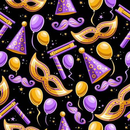 Vector Purim Seamless Pattern, square repeating background with cut out illustrations of traditional purim symbols, variety balloons, cone hats, purple mustache for purim festival on dark backgroundのイラスト素材