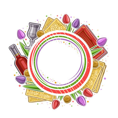Vector Frame for Passover with copy space for text, circle concept with illustration of variety passover symbols, silver goblet, red wine bottle, spring flowers for jewish pesach on white backgroundのイラスト素材