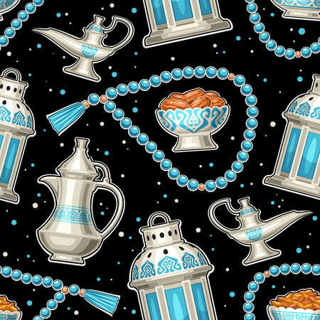 Vector Ramadan Iftar Seamless Pattern, decorative wrapping paper with square repeating background with cut out illustrations of blue rosary beads, ramadan symbols for iftar party on black backgroundのイラスト素材