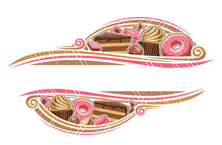 Vector border for Sweet Shop with copyspace for text, decorative sign board with illustration heap of different sweets, glazed cake slice, rose color frosting donut, brown cupcake with whipped creamのイラスト素材