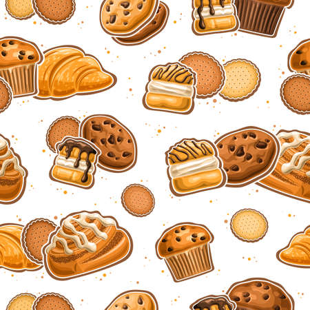 Vector Bakery Seamless Pattern, repeating background with set of cut out illustrations sweet bakery, butter cookies, french sweets with whipped creme and icing danish cinnamon roll on white backgroundのイラスト素材