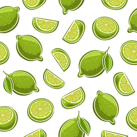 Vector Lime Seamless Pattern, repeating background with set of cut out illustrations whole natural limes with leaves, group of sliced ripe fruits, chopped limes on white background for wrapping paperのイラスト素材