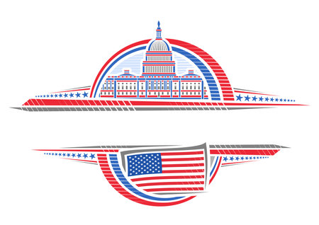 Vector border for American Holidays with empty copy space for congratulation text, decorative layout with illustration of United States Capitol and american flag for US holidays on white backgroundのイラスト素材