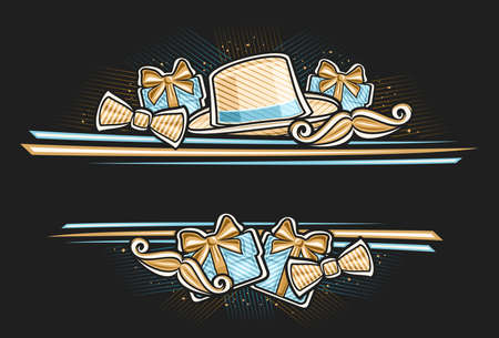 Vector border for Father's Day with empty copy space for congratulation text, horizontal decorative voucher with illustration of mans hat, cartoon bow tie, gift box for fathers day on dark backgroundのイラスト素材