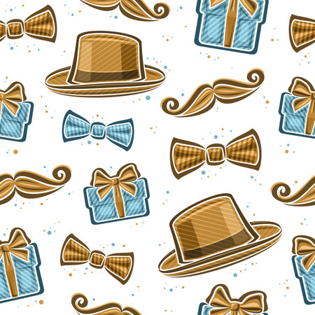 Vector Father's Day seamless pattern, square repeating background with set of cut out illustrations of brown mans hat, bow tie, blue gift boxes and cartoon mustache for fathers day on white backgroundのイラスト素材