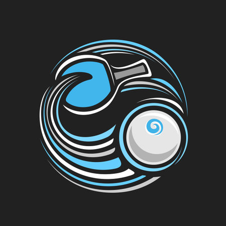 Vector logo for table tennis, isolated modern emblem with illustration of flying on curve trajectory white table tennis ball, decorative line art sports badge for table tennis club on black backgroundのイラスト素材