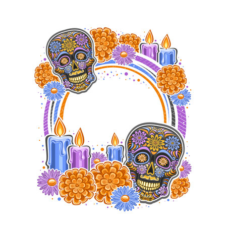 Vector frame for Day of the Dead with empty copy space for text, circle badge with illustration of decorative art spooky skull, burning candles, festive colorful flowers for day of the dead on whiteのイラスト素材