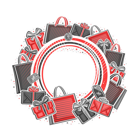 Vector frame for Black Friday sale with empty copy space for advertising text, decorative round signboard with illustration of various paper bags, gift boxes for black friday sale on white backgroundのイラスト素材