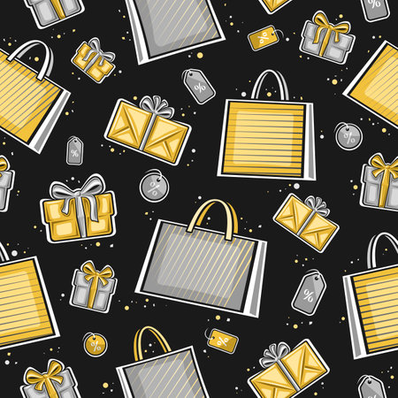 Vector Christmas Sale seamless pattern, square repeating background with illustrations of gray paper bags, gift boxes and decorative price tags on dark background, wrapping paper for christmas saleのイラスト素材